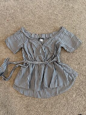 VENUS Blue and white Striped Off-Shoulder Wrap Blouse